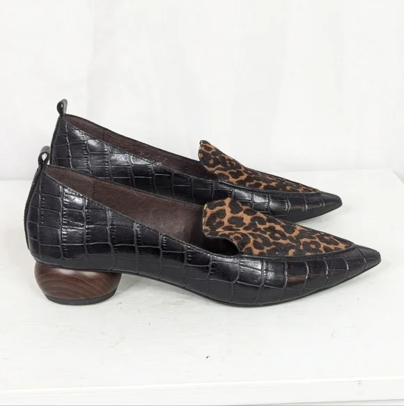 Jeffrey Campbell Viona Croc Leopard Print Wood Heel Loafers - Size 7 - Picture 2 of 8